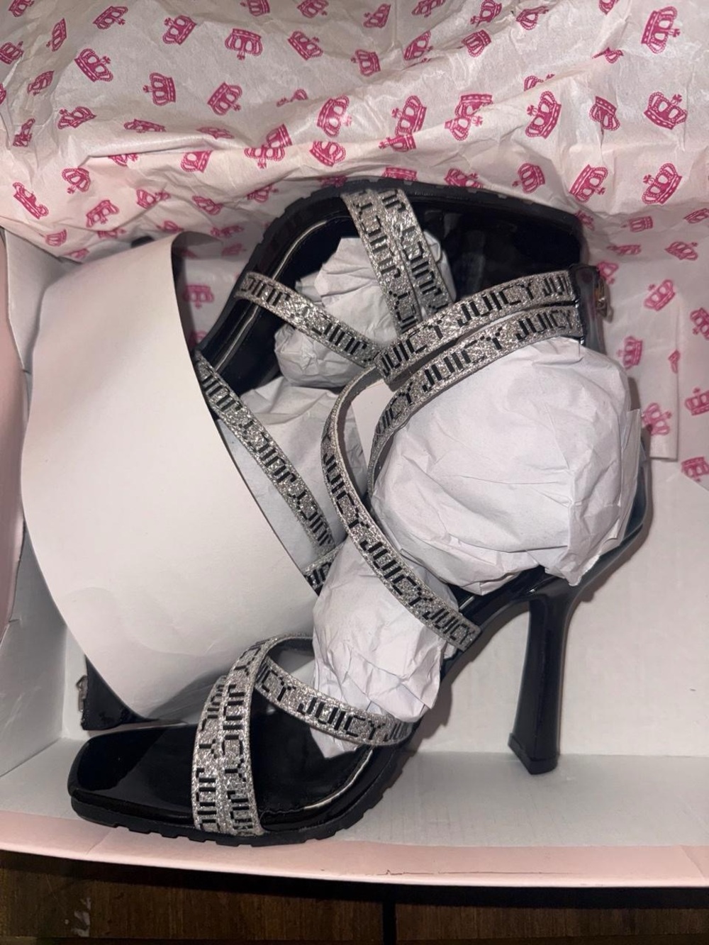 Juicy Couture Black Patent Heels with Silver Glitter Logo Straps